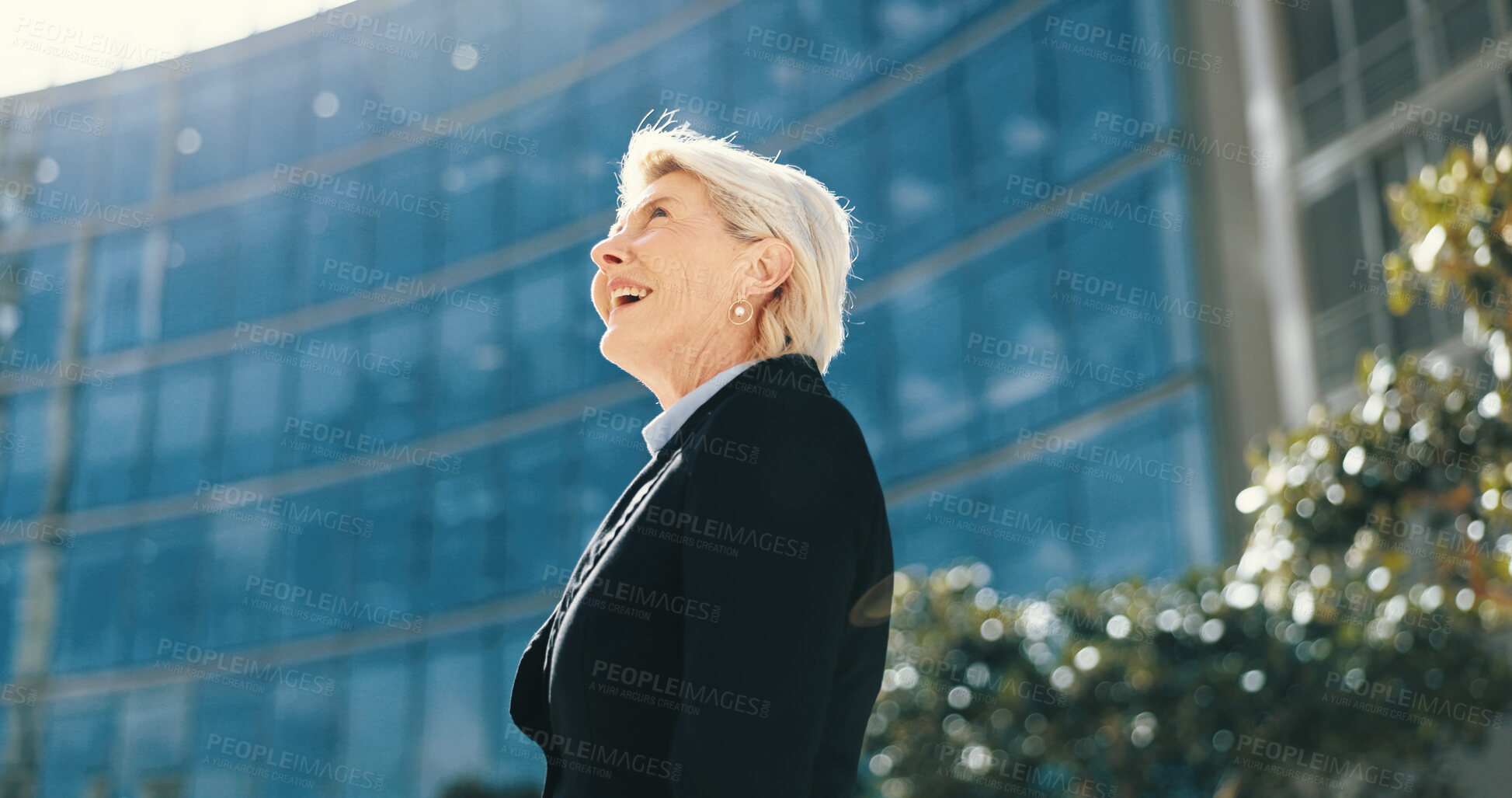Buy stock photo Happy, business woman and thinking in city for insight, professional mindset or laugh. Smile, planning and mature manager outdoor with idea, vision and inspiration for urban development opportunity