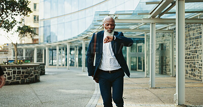 Buy stock photo Running, business man and check watch in city for urgent meeting, rushing to appointment and stress. Mature black person, late and time management for morning commute and hurry for deadline outdoor