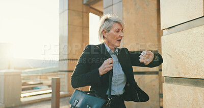 Buy stock photo Late, business woman and check watch in city for urgent meeting, rushing to appointment and stress. Mature professional, running and schedule mistake for morning commute and time management outdoor