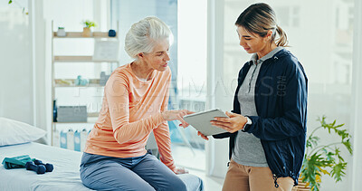 Buy stock photo Physiotherapist, senior woman and tablet for talking at clinic with report, progress and consulting for recovery. People, doctor and patient with digital touchscreen, reading and results at hospital