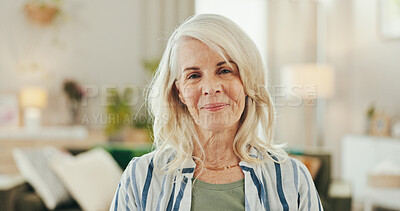 Buy stock photo Senior, woman and smile with portrait in home for relax, comfortable or peaceful in retirement. Female person, happy and break in living room for wellness, security or mortgage freedom with insurance