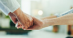 People, holding hands and support for healthcare with love, care and trust. Patient, caregiver or nurse with kindness, compassion and medical therapy for empathy and respect for comfort in home