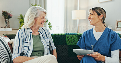 Buy stock photo Elderly woman, caregiver and tablet with advice for healthcare, comfort and treatment in senior care at home. People, nurse and symptom checklist for help, conversation and checkup in retirement