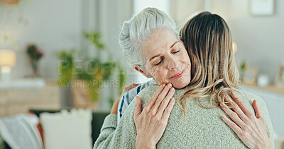 Buy stock photo Pensioner woman, caregiver and hug with empathy for healthcare, comfort and treatment in senior care at home. People, therapist and embrace for elderly patient, trust or support checkup in retirement