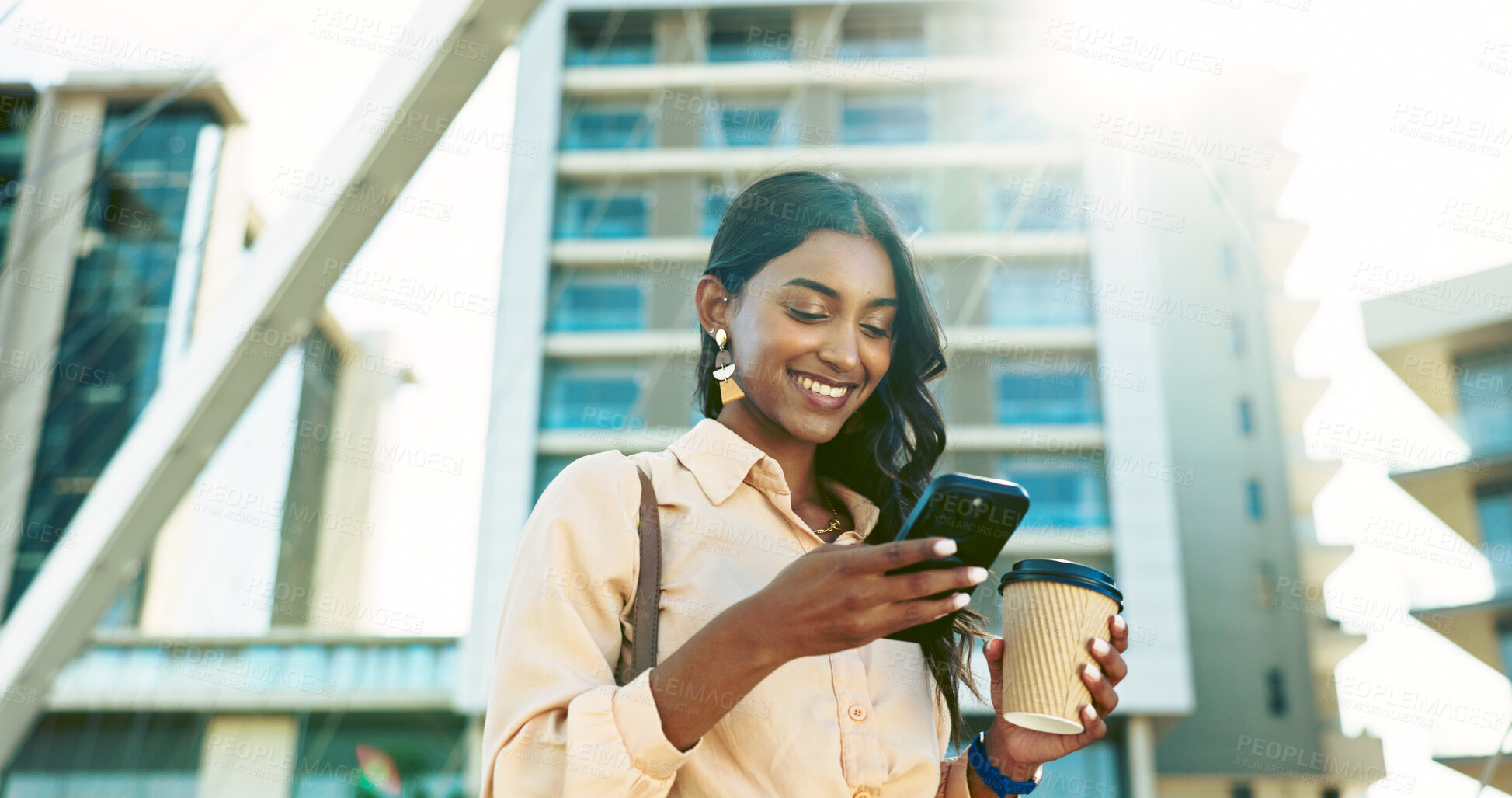 Buy stock photo Phone, smile and low angle with business woman in city for communication, corporate email and coffee. Networking, contact and reading with person on bridge for professional, online news and text