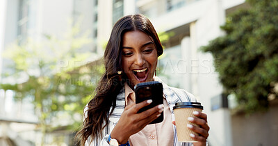 Buy stock photo Phone, coffee and excited with business woman in city for communication, corporate email and job promotion. Networking, contact and reading with person for professional, online news and text