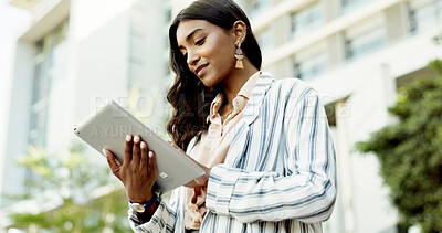 Buy stock photo Tablet, typing and low angle with business woman in city for communication, corporate email or travel. Networking, contact and reading with person in downtown for professional, online news and search