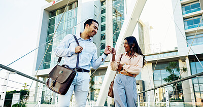 Buy stock photo Business people, fist bump and city with teamwork for winning, collaboration or achievement. Businessman, woman or employees with smile or touch for accomplishment or congratulations in an urban town