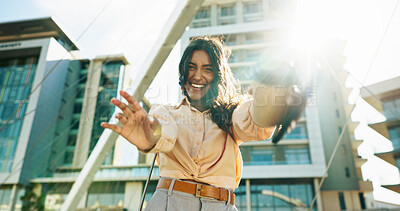 Buy stock photo Excited, portrait and woman in city, travel and happy for opportunity, intern and commuting to work. Outdoor, blogger and joy for career path, sunshine and person in morning, creative and Mumbai