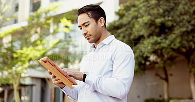 Buy stock photo Tablet, morning and Asian businessman in street for news, corporate email and outdoor travel. Professional, check and city planner with touchscreen for networking, online update and urban development