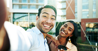 Buy stock photo Happy, business people and portrait with selfie in city for photography, picture or memory together. Face, businessman and woman with smile in joy for capture moment, travel or break in an urban town