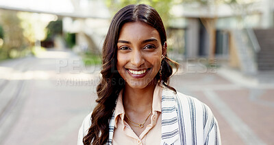 Buy stock photo Portrait, smile and woman in city with outdoor, morning commute and travel for business trip. Employee, attorney or lawyer intern with New York opportunity, confidence and excited for advocate job