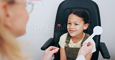 Buy stock photo Doctor, occluder or girl in eye test at optometry clinic for eyewear, health or sight wellness. Tools, smile or happy child in assessment for optical diagnosis, vision exam or spectacles with object