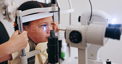 Buy stock photo Specialist, child and eye care examination with ophthalmoscope for retina assessment and ocular health. Pediatric, doctor and girl patient with medical machine for glaucoma exam and eyesight wellness