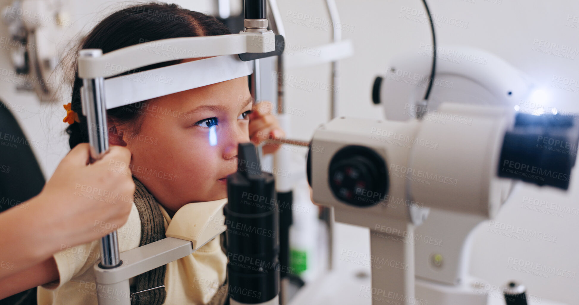 Buy stock photo Specialist, child and eye care examination with ophthalmoscope for retina assessment and ocular health. Pediatric, doctor and girl patient with medical machine for glaucoma exam and eyesight wellness