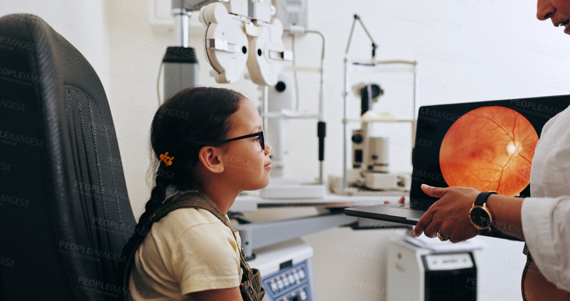 Buy stock photo Doctor, laptop or girl in eye test at optometry clinic for eyewear diagnosis or sight wellness. Retina, screen or child in visual assessment for optical check, vision exam or consultation results
