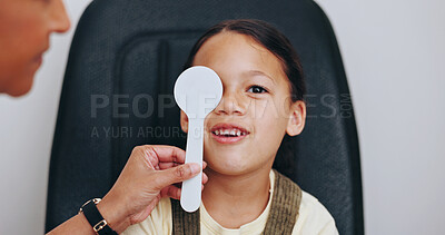 Buy stock photo Doctor, occluder or child in eye test at optometry clinic for eyewear, health or sight wellness. Tools, smile or happy kid in assessment for optical diagnosis, vision exam or spectacles with object