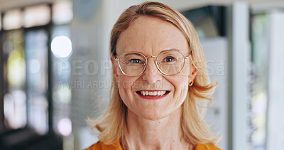 Buy stock photo Glasses, portrait and optometry with mature woman for eye care, healthcare and store. Shopping, lens check and frame choice with female customer in clinic for ophthalmologist, vision and prescription