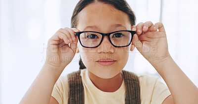 Buy stock photo Girl, child and shopping glasses in store for prescription lens, optic correction and frame decision. Vision, kid and new eyewear selection in optometry shop with medical service and health insurance