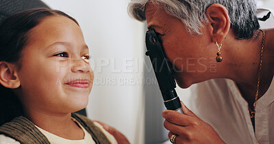 Buy stock photo Doctor, laser light or kid in eye test at optometry clinic for eyewear diagnosis, retina and sight. Ophthalmoscope, tool and girl child in assessment for optical check, vision exam or consultation