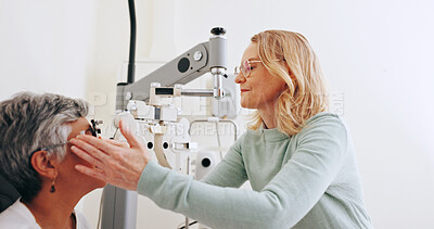 Buy stock photo Eye exam, consulting and lens with old woman in clinic for optometrist, healthcare and vision. Medical, ophthalmologist and glasses with patient and tools for retina, visual test and assessment