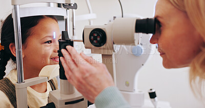 Buy stock photo Doctor, child and examination with slit lamp for retina assessment, eye care corneal injury. Pediatric, specialist and girl patient with medical instrument for glaucoma exam and eyesight wellness