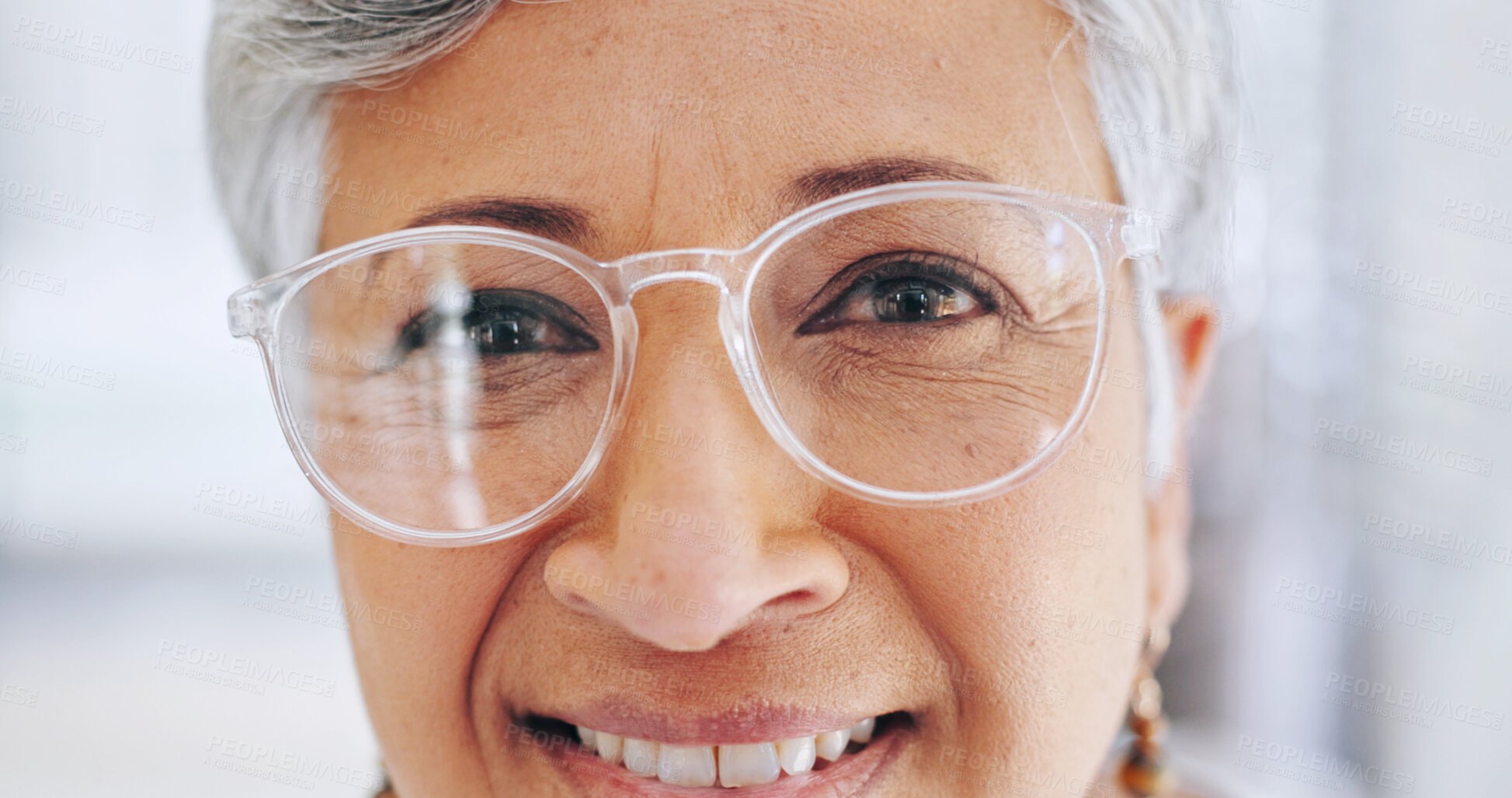 Buy stock photo Woman, portrait and glasses in store for eye care, optometry and new prescription lens. Mature customer, face and specs in optics shop with smile, healthcare and pleased with service in Brazil