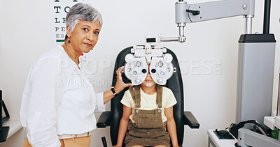 Buy stock photo Machine, doctor or kid in eye test at optometry clinic for eyewear, retina health or sight wellness. Optical phoropter, mature or child in assessment for visual help, vision exam or spectacles frames