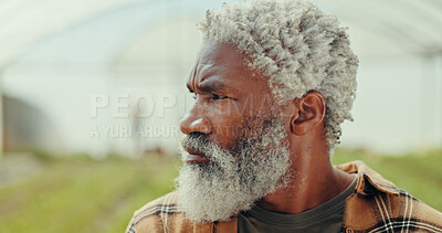 Buy stock photo Black man, farmer and thinking for sustainability, ecology and vision in greenhouse or agriculture. Mature, male person and planning for season, planting and garden as small business or entrepreneur