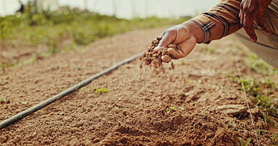 Buy stock photo Growth, planting and hand with soil, sustainability and gardener in environment, agriculture and nature. Gardening, sapling and fertilizer for plants, person and eco friendly for sprout and ecology