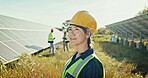 Solar panels, thinking and field with woman, sustainability and professional. Person, outdoor and employee with hard hat, eco friendly or quality control with inspection, decision and countryside