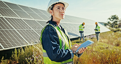 Buy stock photo Solar panel, thinking and woman with tablet, engineering and online schedule with problem solving. Inspector, employees and professional in field, technology and internet with app and sustainability