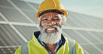 Buy stock photo Black man, portrait and solar engineer at farm, energy saving and supervisor for panel maintenance. Mature person, renewable power supply and outdoor for ecology project, safety helmet and grid