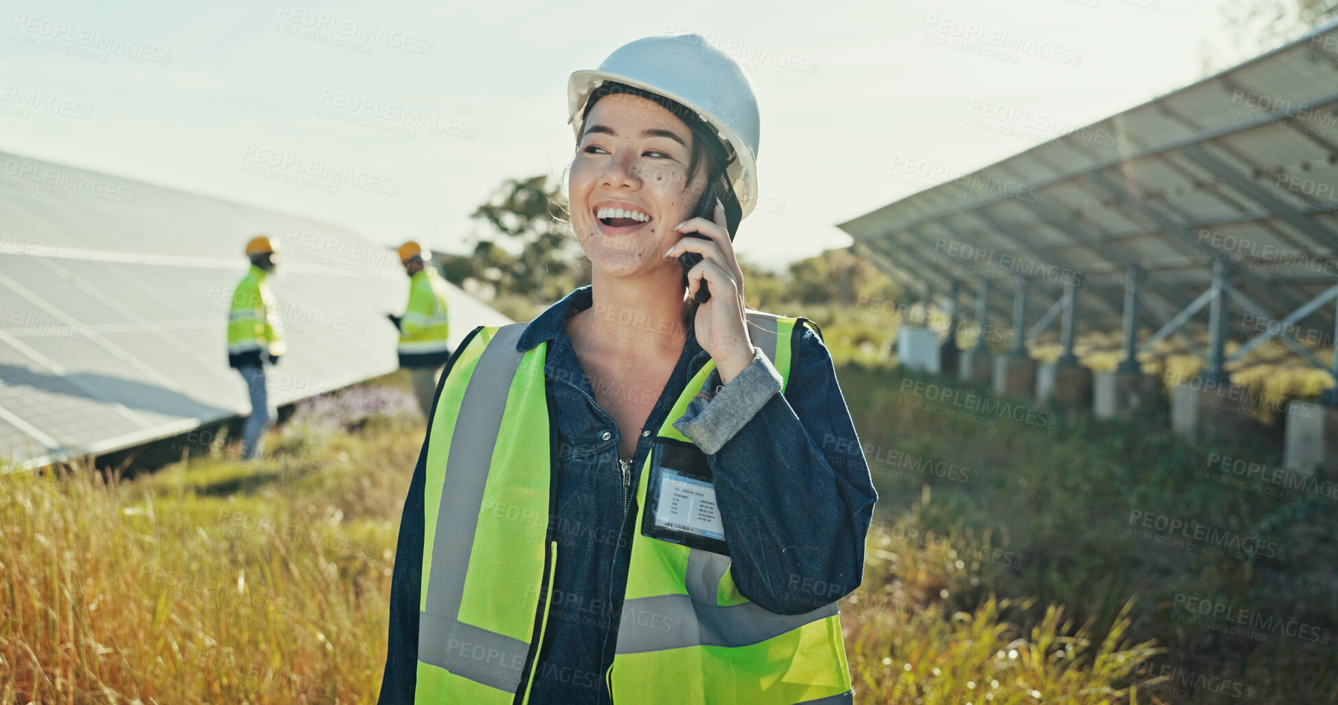 Buy stock photo Electrical engineer, solar energy and woman with phone call outdoor for photovoltaic grid inspection or technical support. Worker, talking or happy client for network integration or quality assurance