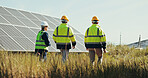 People, back and technician with team for solar panel installation, photovoltaic development or PV project in countryside. Group, engineer or contractors with helmet for renewable energy or power