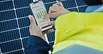 Person, hands and technician with phone screen for solar panel graph, diagnostics or photovoltaic software. Closeup, engineer or mobile smartphone display with statistics or app for renewable energy
