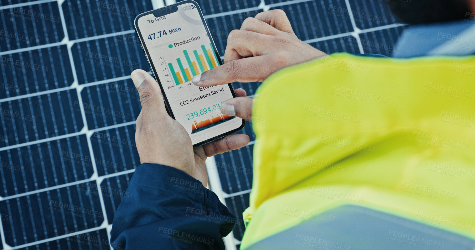 Buy stock photo Person, hands and technician with phone screen for solar panel graph, diagnostics or photovoltaic software. Closeup, engineer or mobile smartphone display with statistics or app for renewable energy
