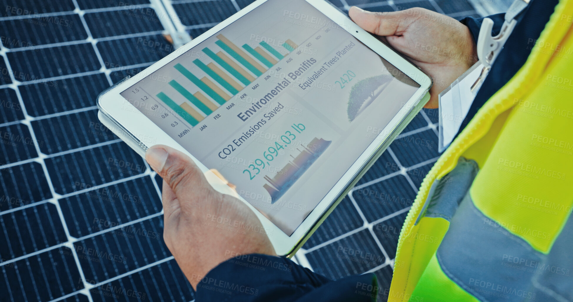 Buy stock photo Person, hands and technician with tablet screen for solar panel graph, diagnostics or photovoltaic software. Closeup, engineer or technology display with statistics, chart or app for renewable energy