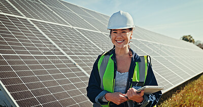 Buy stock photo Solar panel, portrait and woman with tablet, engineering and clean energy with climate change. Inspector, employee and electrician in field, tech and online schedule for maintenance and environment