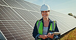 Happy woman, portrait and technician with tablet for solar panel installation, photovoltaic development or PV project. Face, female person or engineer with smile or technology for renewable energy