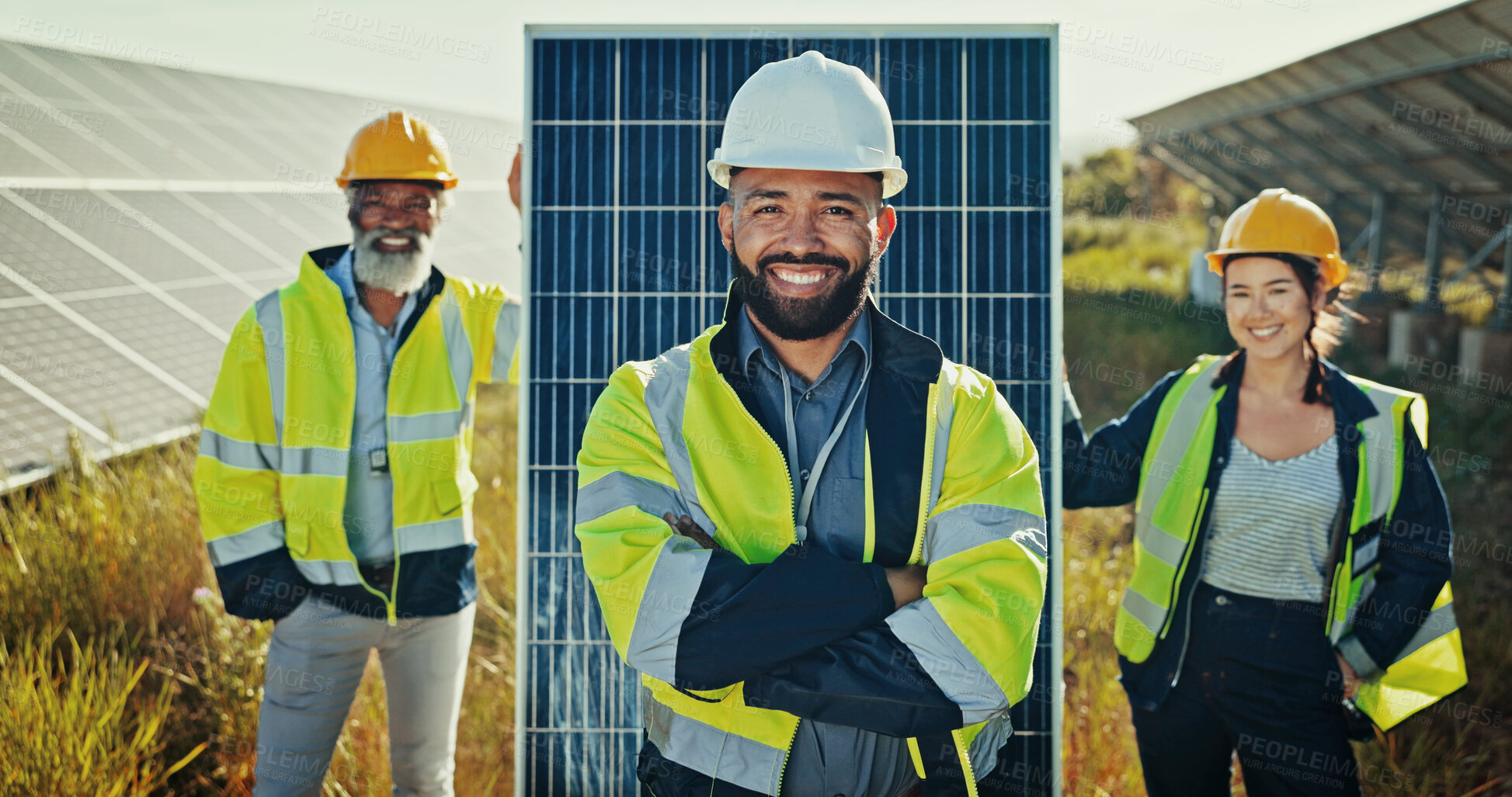 Buy stock photo Happy people, portrait and technician with team for solar panel, alternative power or photovoltaic system in nature. Group, engineer or leadership with smile for renewable energy or PV development