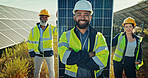 Happy people, portrait and engineer with team for solar panel, renewable energy or photovoltaic system in nature. Group, technician or contractors with smile for alternative power or PV development