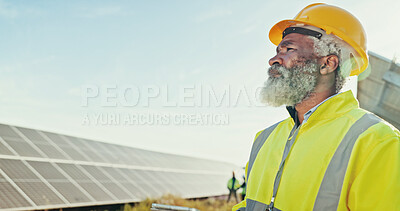 Buy stock photo Solar panels, thinking and countryside with black man, sustainability and clean energy. African person, outdoor and employee with hard hat, eco friendly or tech with inspection, choice or blue sky