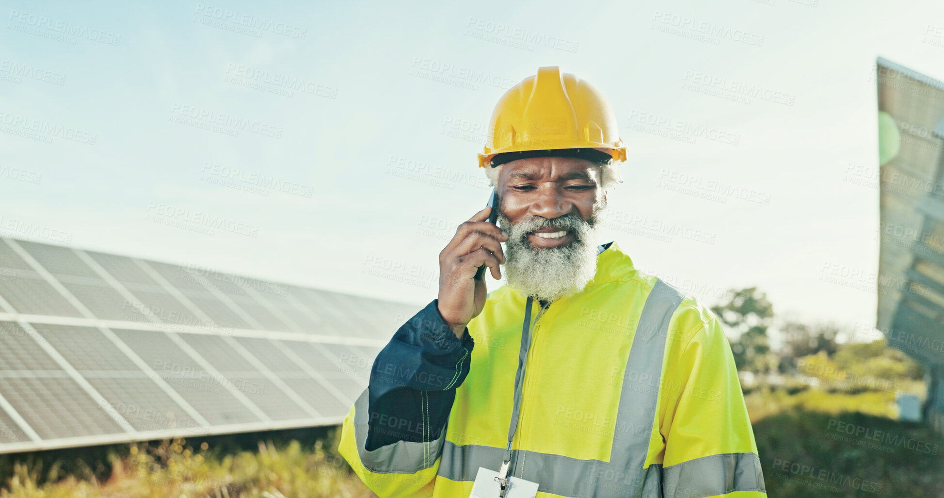 Buy stock photo Engineer, solar energy and man with phone call outdoor for photovoltaic inspection and feedback on power saving check. Mature technician, talking or network integration for quality assurance on field