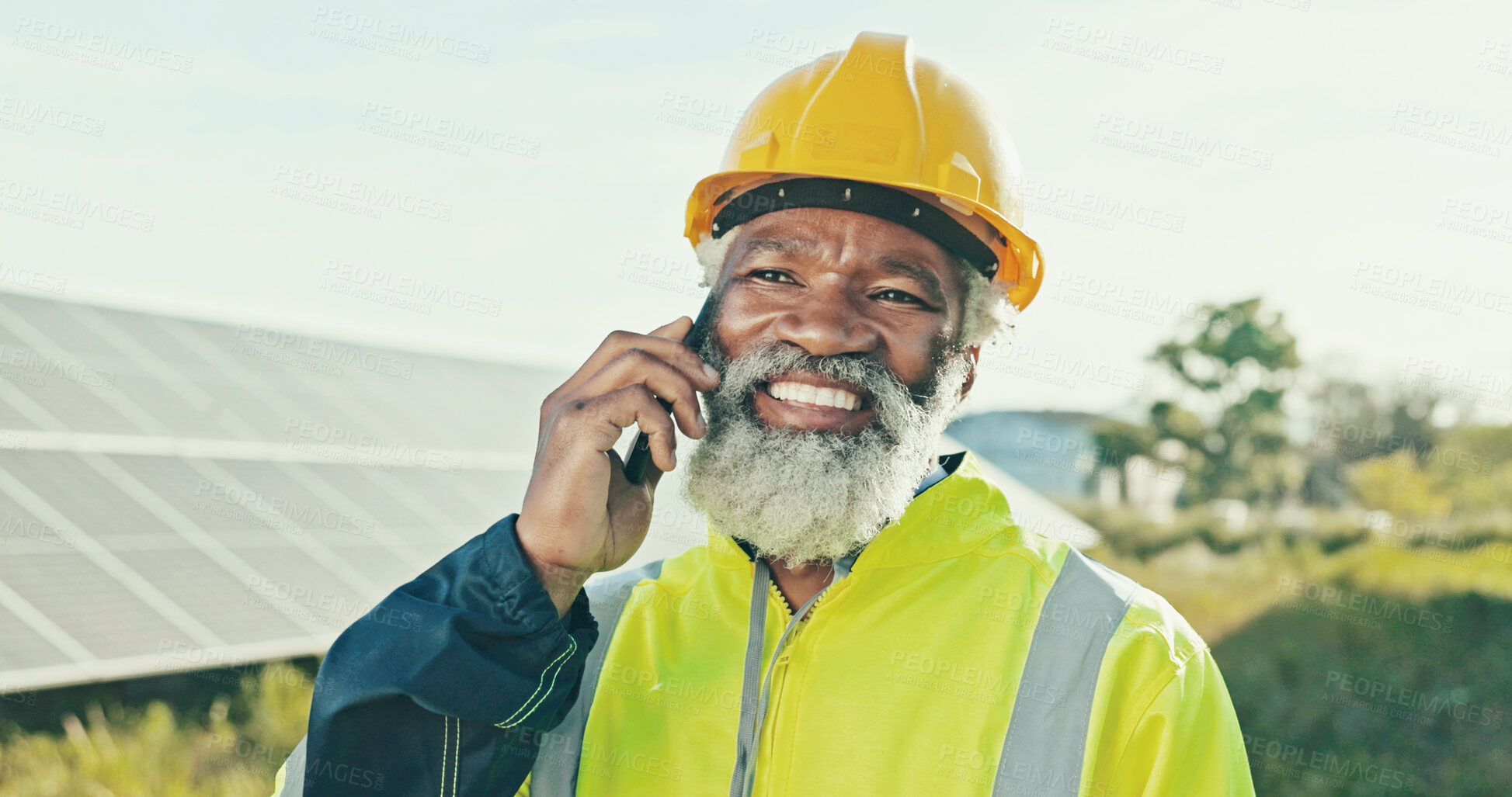 Buy stock photo Happy engineer, solar energy and man with phone call for photovoltaic plate feedback and troubleshooting. Mature worker, customer communication and network integration for quality assurance on field