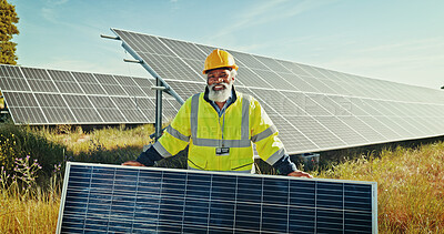 Buy stock photo Black man, portrait and solar panel worker at farm, energy saving and supervisor for maintenance. Mature person, renewable power supply and outdoor for ecology project, safety helmet and grid system