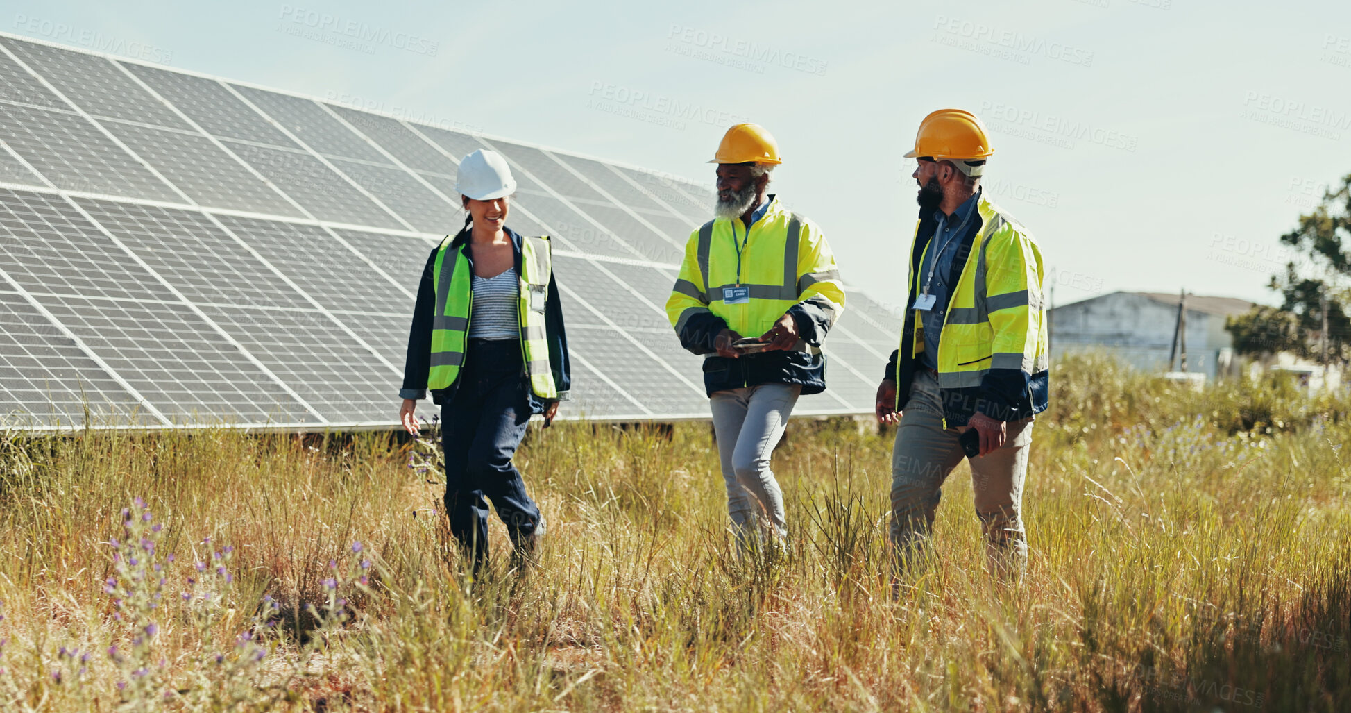 Buy stock photo Business people, technician and walking with team for solar panel installation, photovoltaic development or project in nature. Group, engineer or contractors with helmet for renewable energy or power