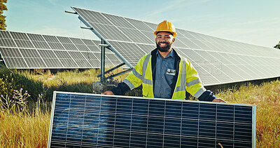 Buy stock photo Man, portrait and engineer with solar panel in nature, energy saving and supervisor for maintenance. Male person, renewable power supply and outdoor for ecology project, safety helmet and grid system