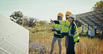 Business people, team and pointing with solar panel for photovoltaic, PV installation or renewable energy. Group, engineer or contractors on tablet or technology for eco friendly power in nature
