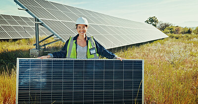Buy stock photo Woman, portrait and engineer with solar panel at farm, energy saving and supervisor for maintenance. Female person, renewable power supply and outdoor for ecology project, safety helmet and grid